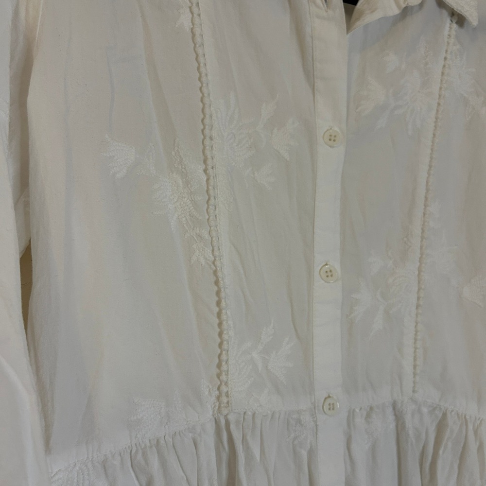 Zara White Floral Embroidered Cotton Tiered Midi Shirt Dress Long Sleeve L - Picture 3 of 10